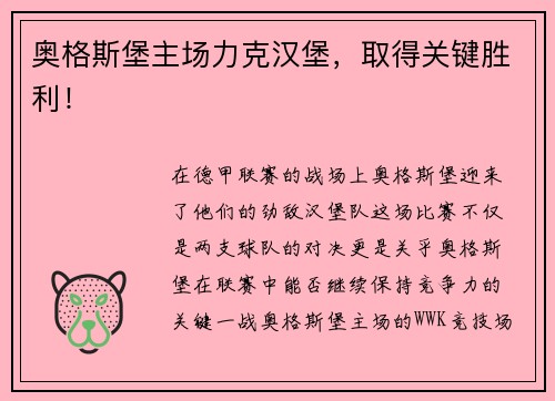奥格斯堡主场力克汉堡，取得关键胜利！