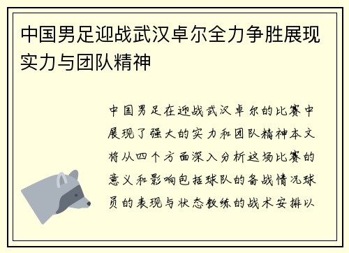 中国男足迎战武汉卓尔全力争胜展现实力与团队精神