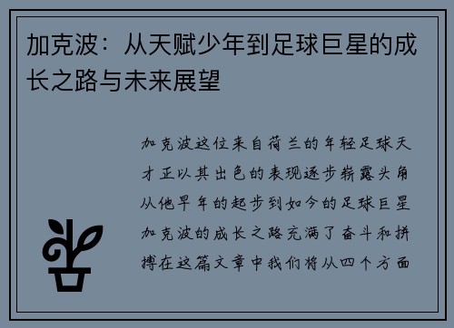 加克波：从天赋少年到足球巨星的成长之路与未来展望